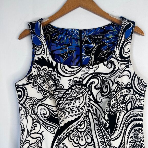 Dana Kay White & Blue Maximal Paisley Print Shift/Sheath Office Dress Size 8 - Picture 3 of 10